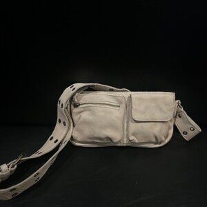 Free People WADE Distressed Cream Leather Sling Buckle Belt Bag